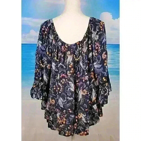 BLACK TUNIC Top ON or OFF SHOULDER Ruffle Hem and Cuff Lightweight size 1x XL - Picture 5 of 11
